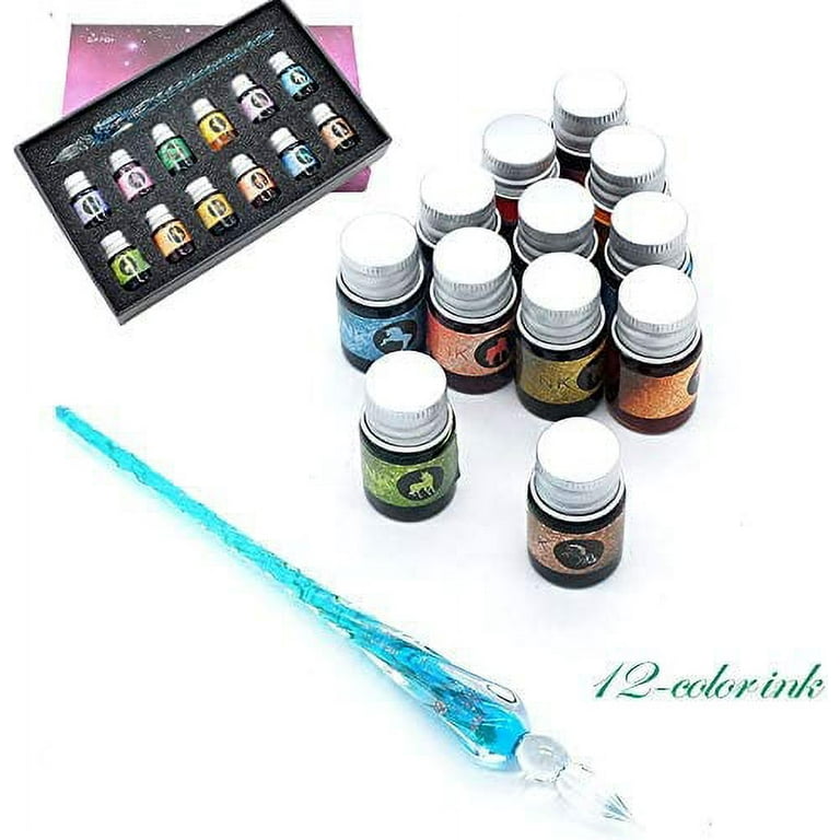 Mancola Glass Dipped Pen Ink Set Handmade Crystal Calligraphy Pen with 12 Colorful India Ink for Art, Signatures, Drawing, de