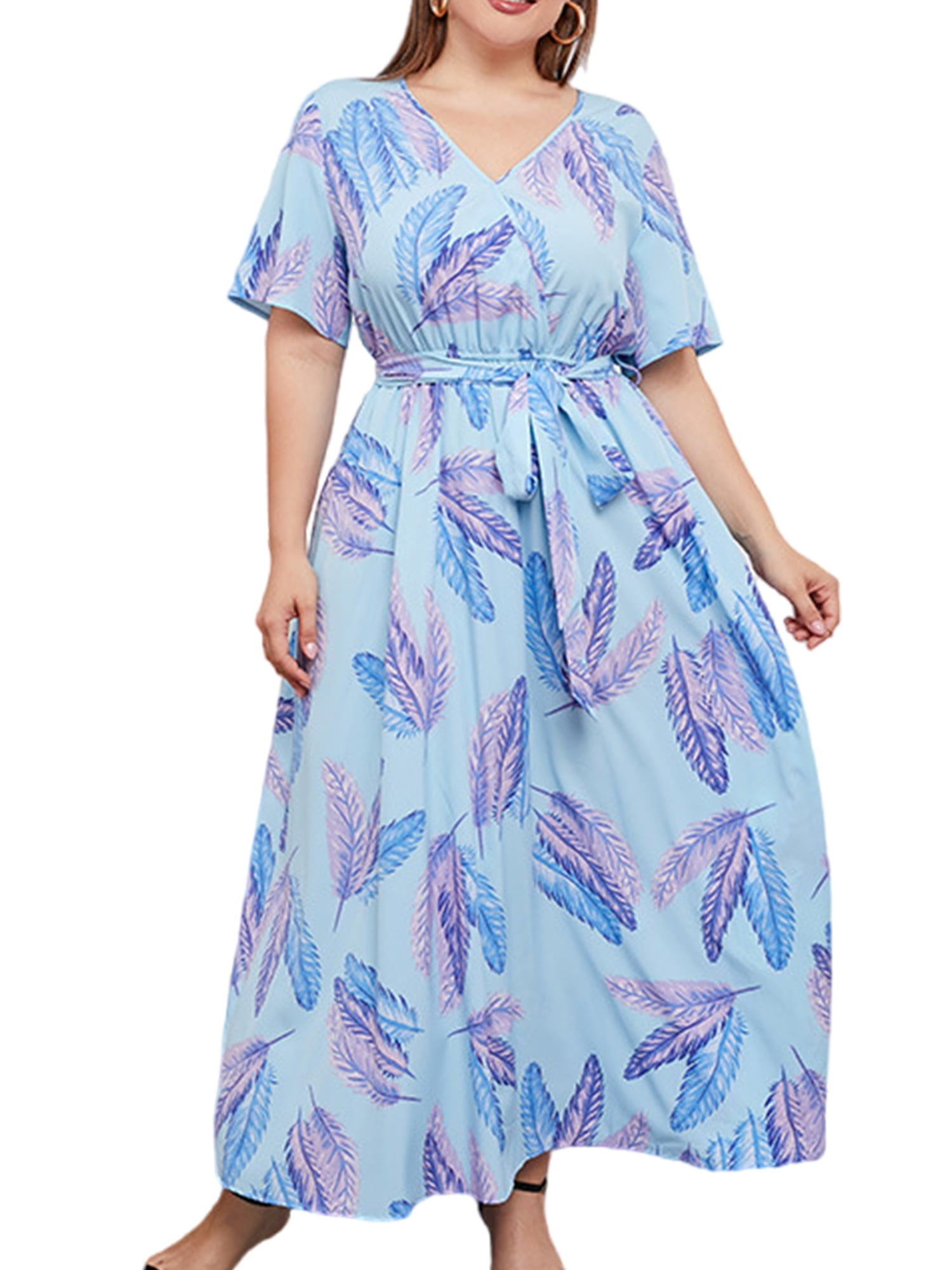 Niuer Women Sundress Floral Print Summer Maxi Dresses Short Sleeve Plus ...