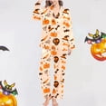 thumbnail image 7 of Womens Halloween Pajamas Theme Full Printed 2 Pc Long Sleeve Pocket Button Down Lapel Shirts Loose Casual Pants Soft Fall Winter Silk Nightwear Cute Comfy Womens Loungewear Set Beige M, 7 of 7