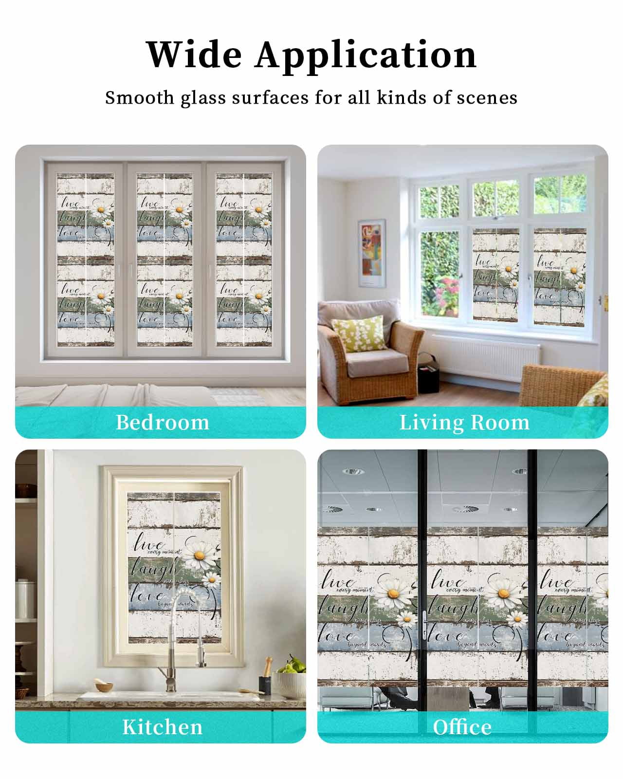 Window Privacy Film White Green Blue Stained Glass Window Film Decorative Sun Block Window Cover Vintage Wooden Rustic White Daisy Floral Window Clings Static Adhesive Sticker for Bathroom 23.6"x59"