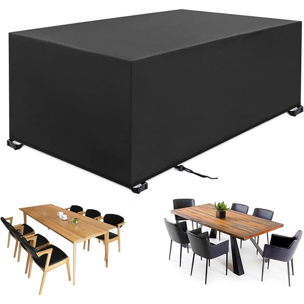 Funda rectangular para muebles de exterior, resistente, impermeable, para mesas y sillas de jardín duraderas, con cuerda ajustable y revestimiento de PU plateado para protección UV, color negro