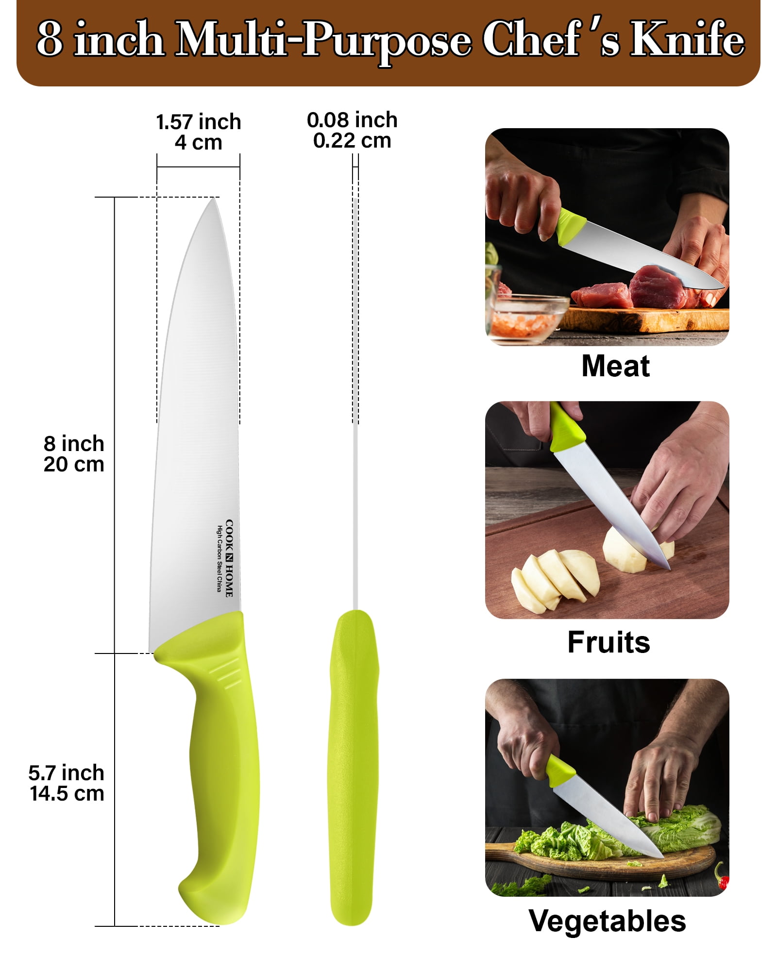 Cook N Home Professional 8 Inch Chef's Knife Multi-Purpose, Straight Edge High Carbon Stainless Steel Sharp Kitchen Knife, Ergonomic Handle, Green