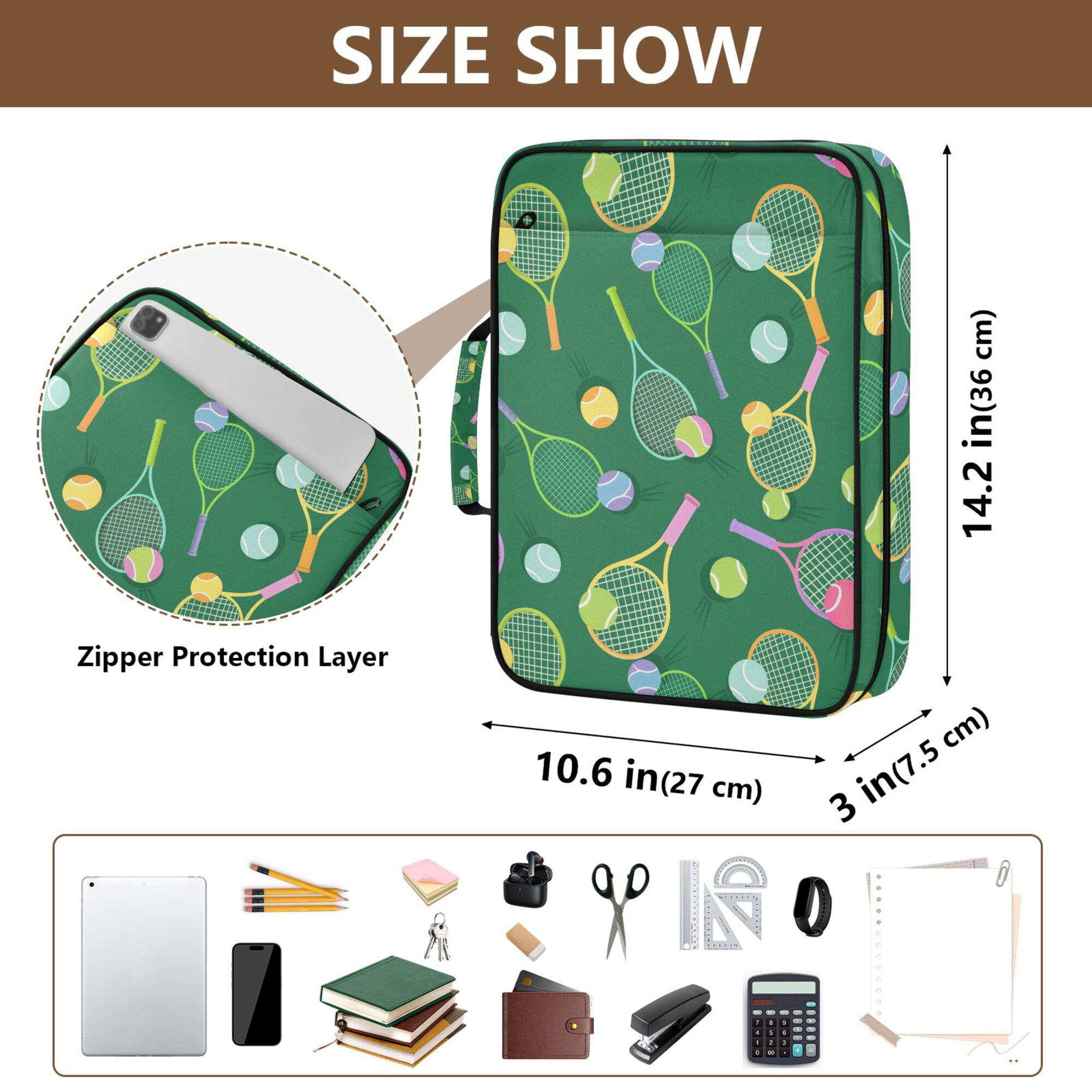 FORMRS Accordion File Folder A4 Size 7-Pocket Expanding Document Organizer Bag with 3 Ring Binder, Green Tennis Pattern