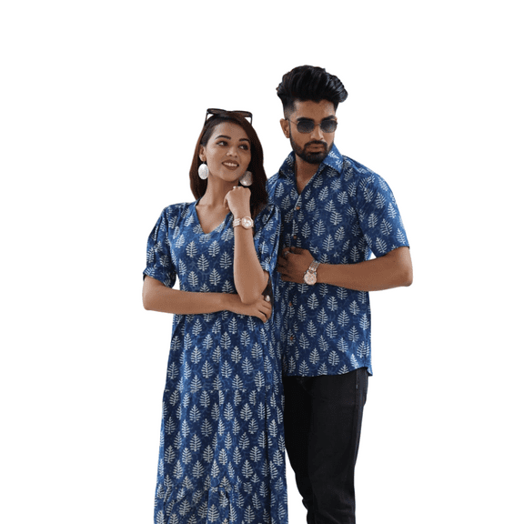 Indigo Blue Leaf Print Cotton Shirt and Dress Set for Men and Women