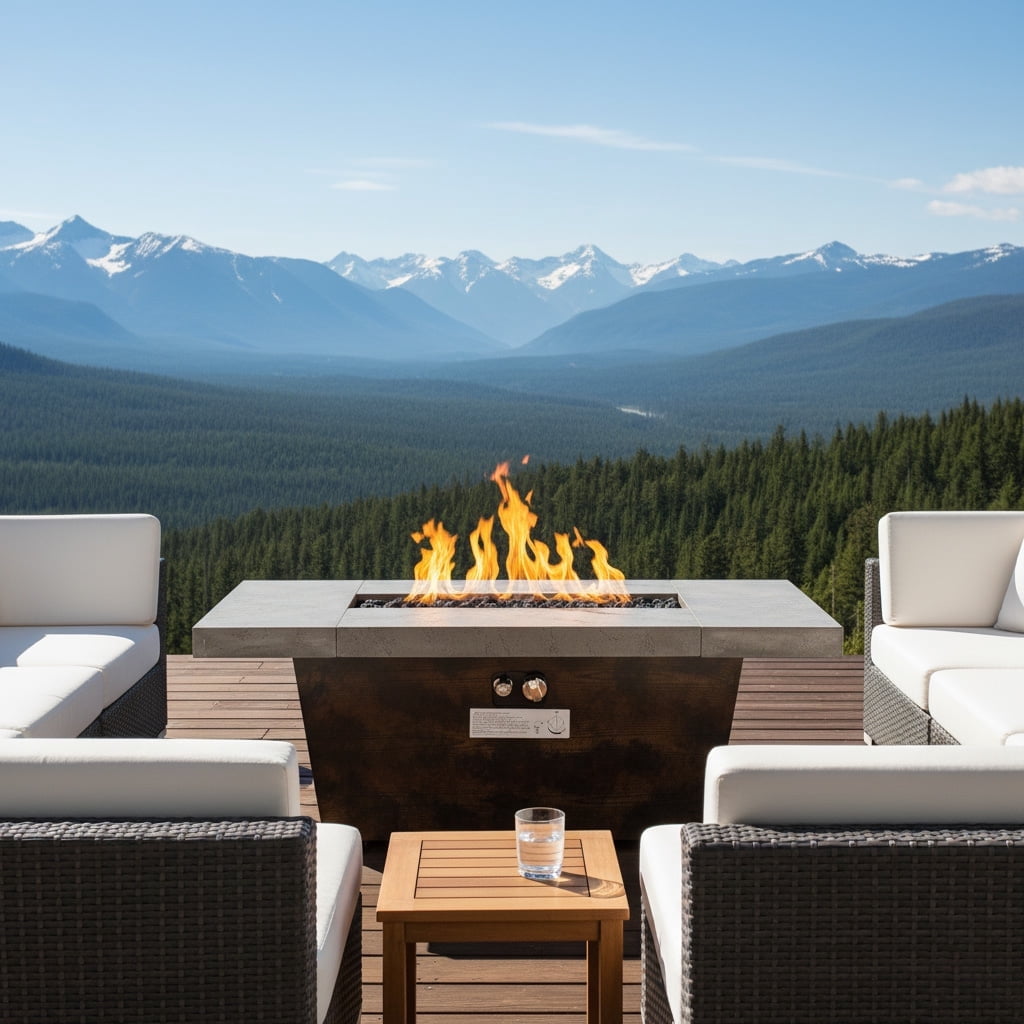 E-Western 42 Inch Rectangle Gas Fire Pit Table with Cement Texture 50000BTU Outdoor Patio Backyard Garden Heating