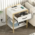 thumbnail image 2 of Nightstand with Charging Station, Bedside Table with Storage Drawer and Open Storage Shelf, End Table with Safe Rounded Corners and Marble-Textured Surface for Living Room Coffee Table, White, 2 of 9