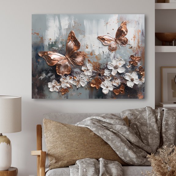 Designart "Rose Gold Butterfly Wings And Flowers III" Floral Canvas Wall Art