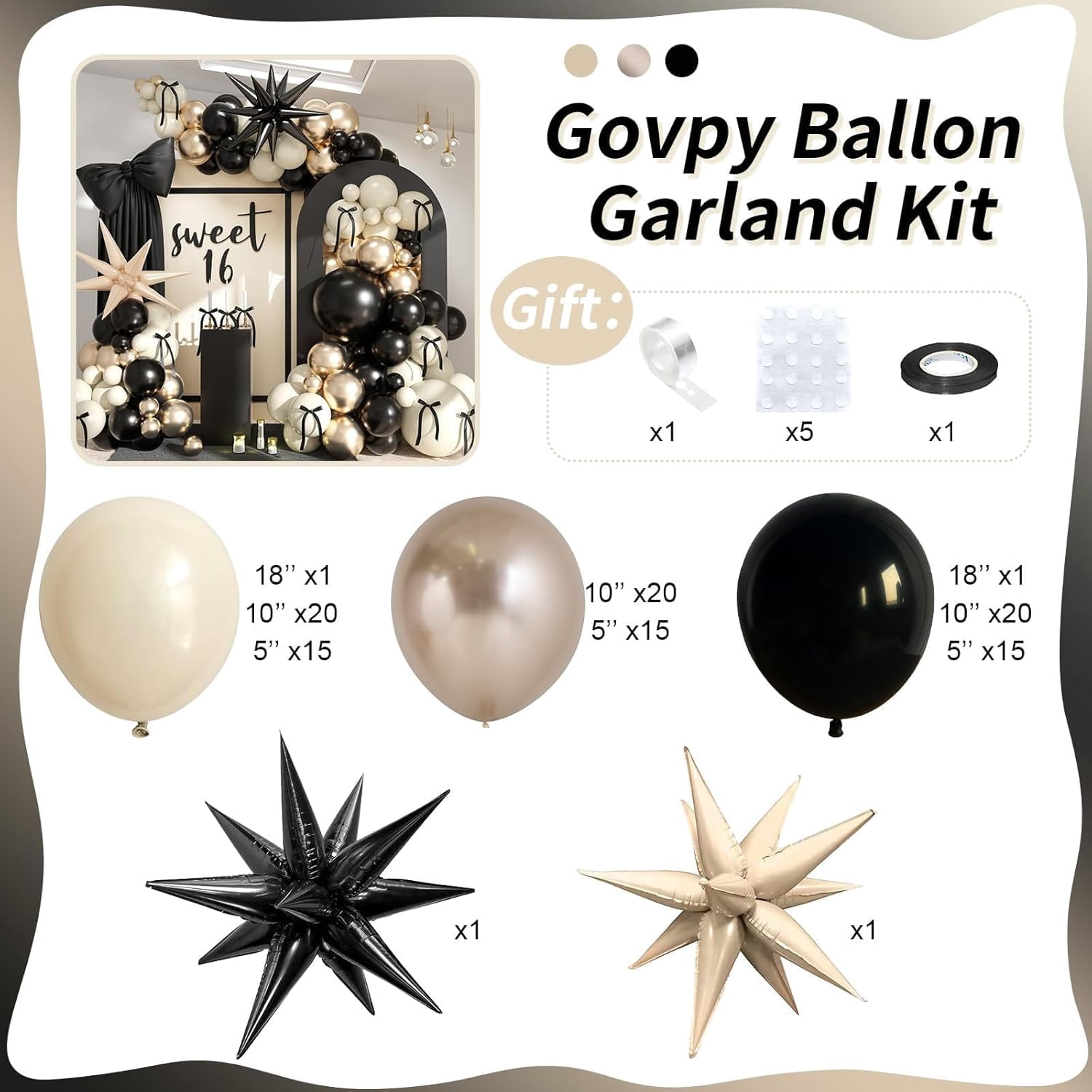 Black White Gold Balloon Garland Kit, 115Pc Beige Sand Cream Metallic Arch Explosion Star Foil Balloons for Girls Women Birthday Bachelorette Graduation Coquette Party Decoration