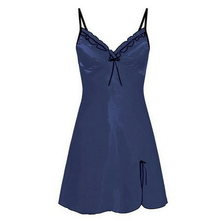 GRNSHTS Women Lingerie Lace Chemise Nightgown Satin Babydoll Nightwear Silk Slip Dress (Blue XL)