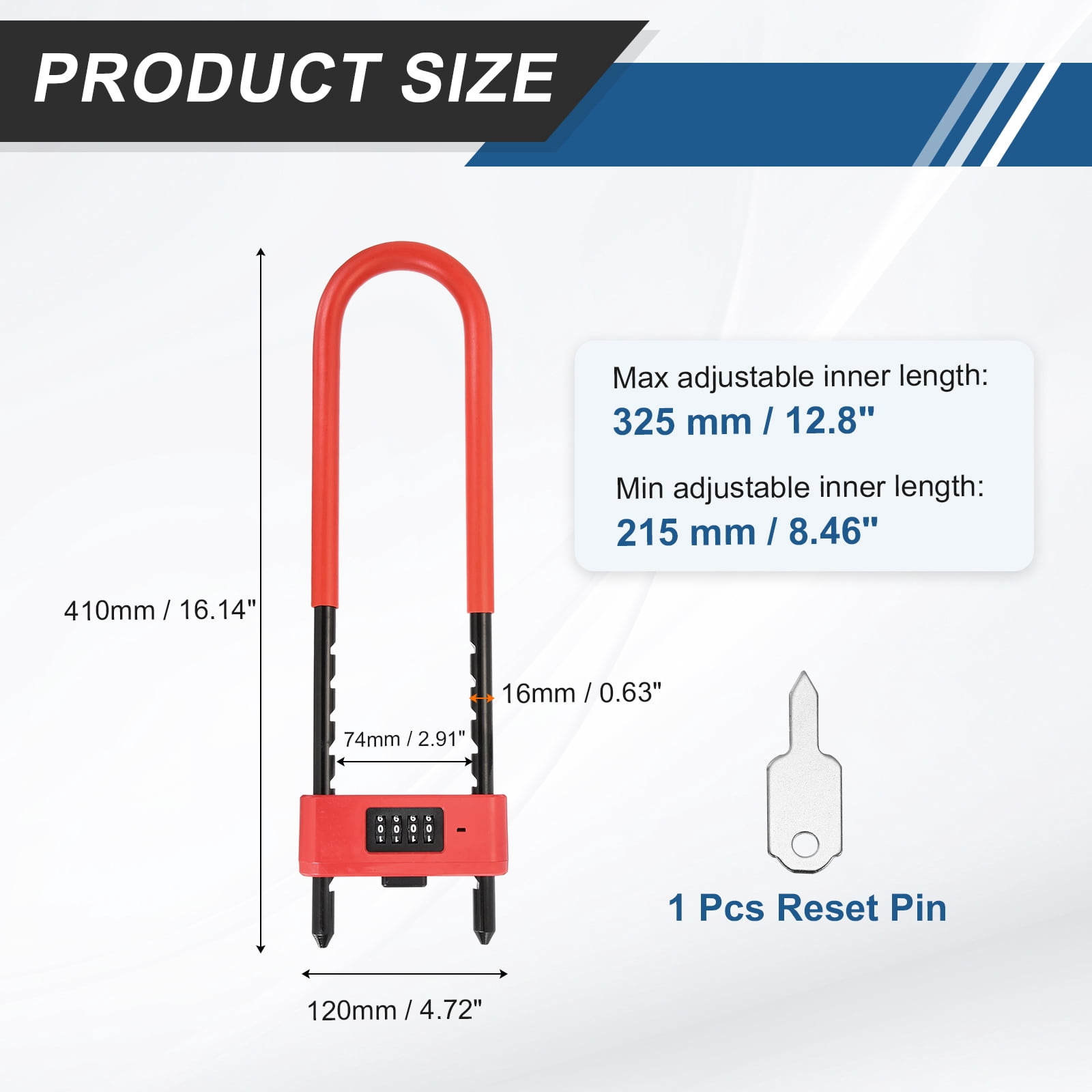 Uxcell 4 Digit Combination Padlock, Long Shackle Padlock - [8.46" - 12.8", Red], U-Shape Adjustable Shackle Lock for Bicycles Electric Bikes Mountain Bikes Glass Doors Gates