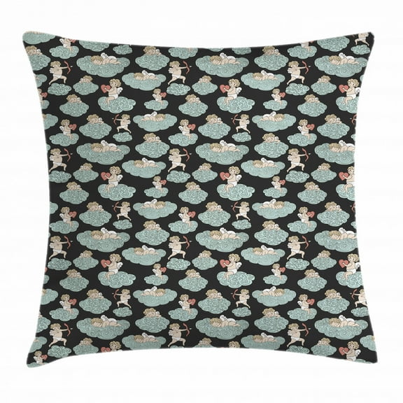 Angel Wings Throw Pillow Cushion Cover, Cute Angel with Bow Heart and Arrow Love on Clouds Eros Cupid Kids, Decorative Square Accent Pillow Case, 24" X 24", Pale Blue Grey Peach, by Ambesonne