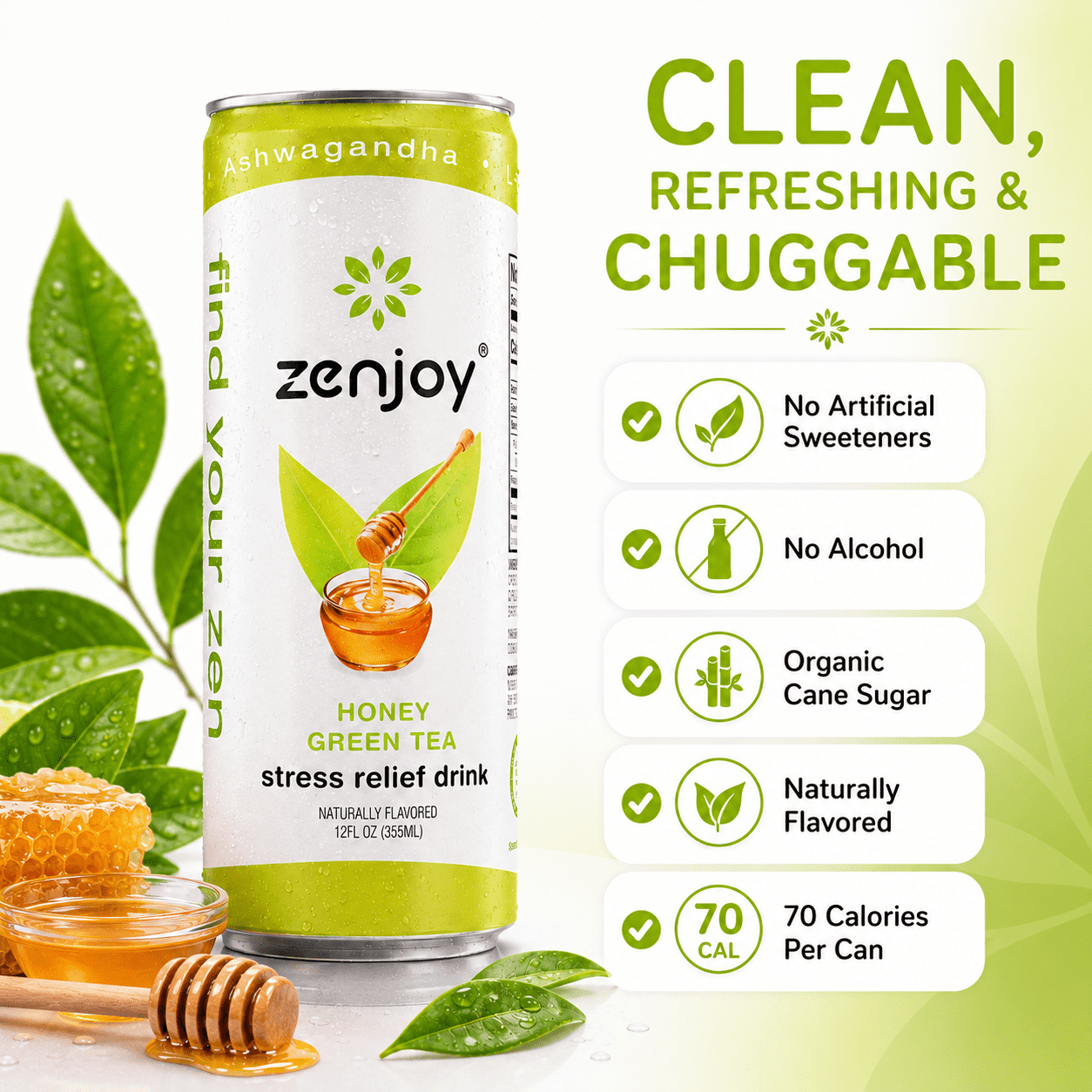 Zenjoy Stress Reief Drink, Calming Green Tea, Non Alcoholic, Ashwagandha & Lemon Balm for Stress Relief, L - Theanine for Focus (12 Pack) (Honey)