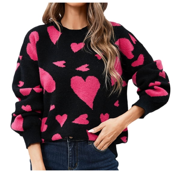 Sweater for Women Heart Print Color Block Knitted Long Sleeve Crew Neck Pullover Tops