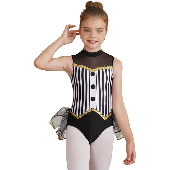 Linjinx Kids Girls Sequin Stripe Jazz Dance Dress Tutu Skirt Leotard Circus Ringmaster Costume Black 6