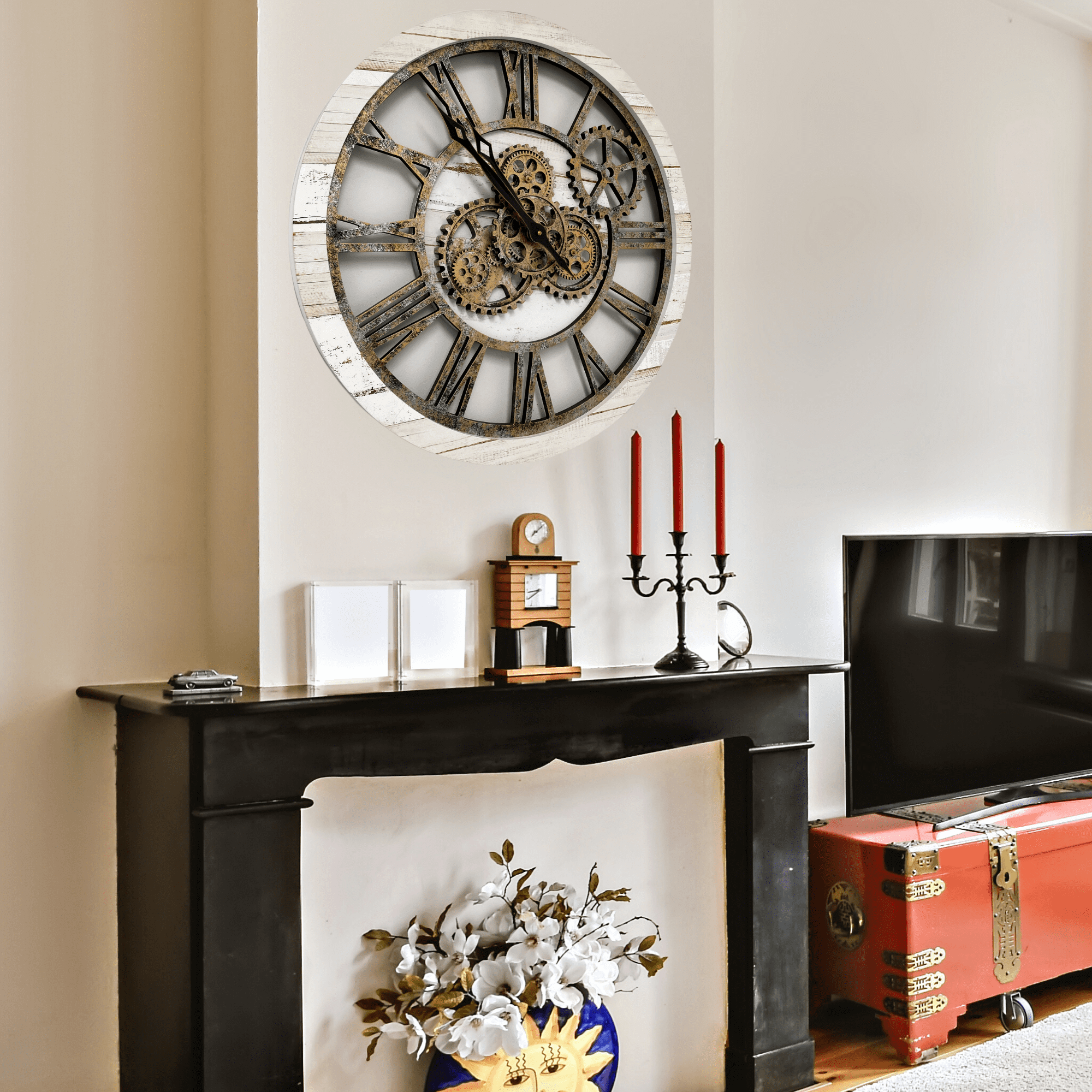 THE GEARS CLOCK Wall Clock with Real Moving Gears AM-LI_ 24 in Round Desert-Beige