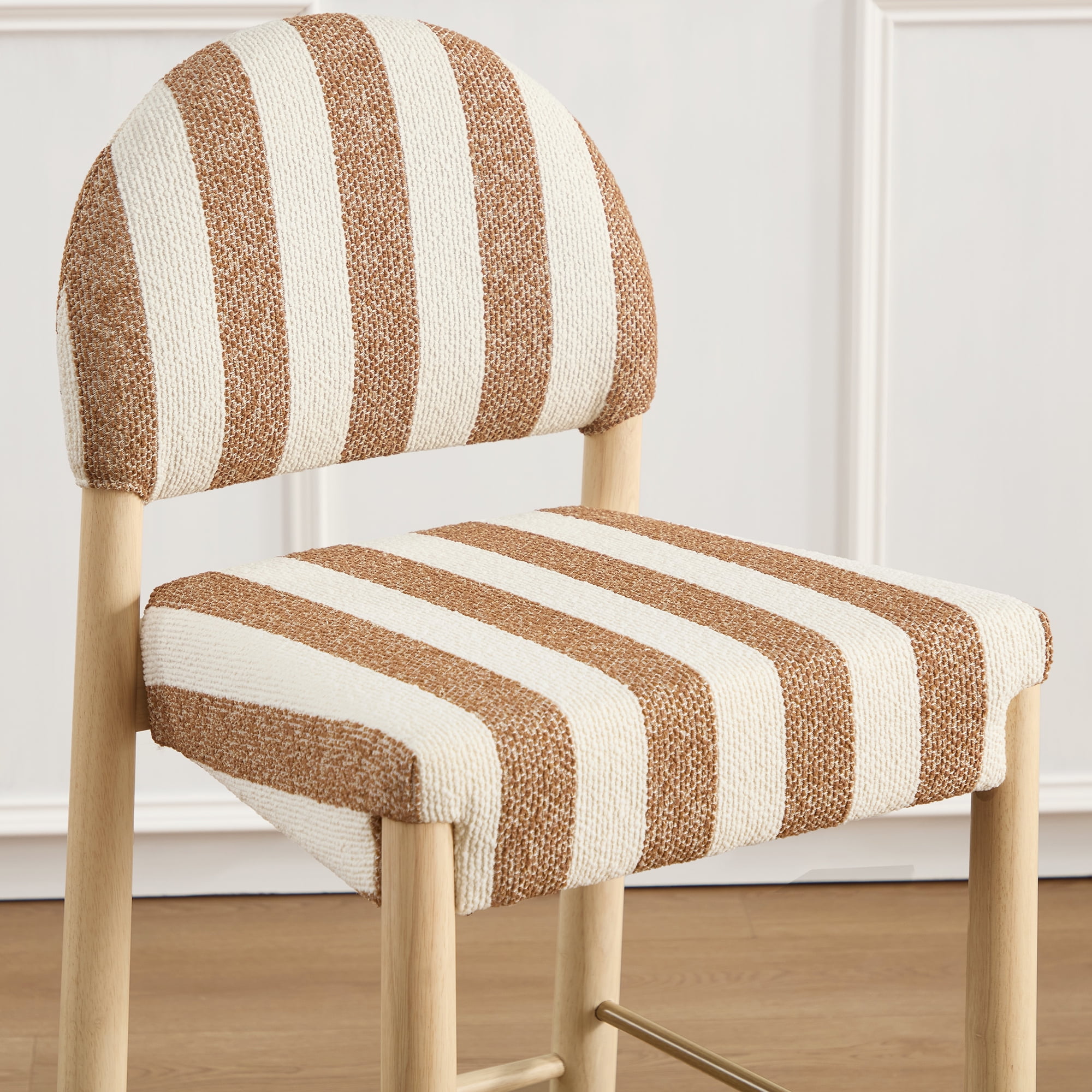 ONEVOG 26.4'' Counter Height Wooden Bar Stools Set of 2, Upholstered Linen Fabric Bar Stools with Arched Back & Solid Wood Legs, BOHO Linen Counter Chairs for Kitchen Island, White & Brown Stripes