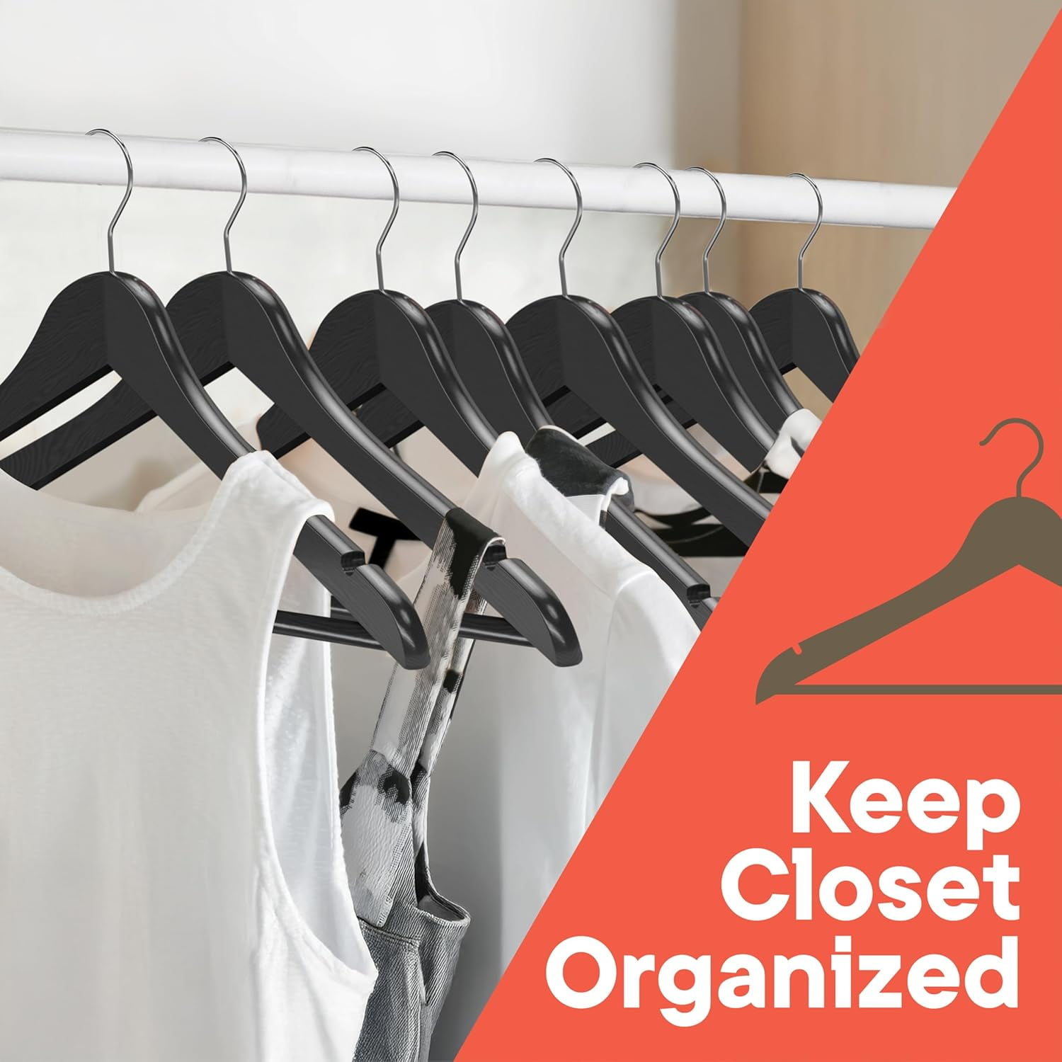 Black Wooden Hangers 10 Pack – Heavy-Duty with 360° Swivel Hook, Non-Slip, Pants Bar & Shoulder Grooves - Wooden Hangers for Suits, Jackets, Dresses & Camisoles, Space-Saving and Smooth Finish