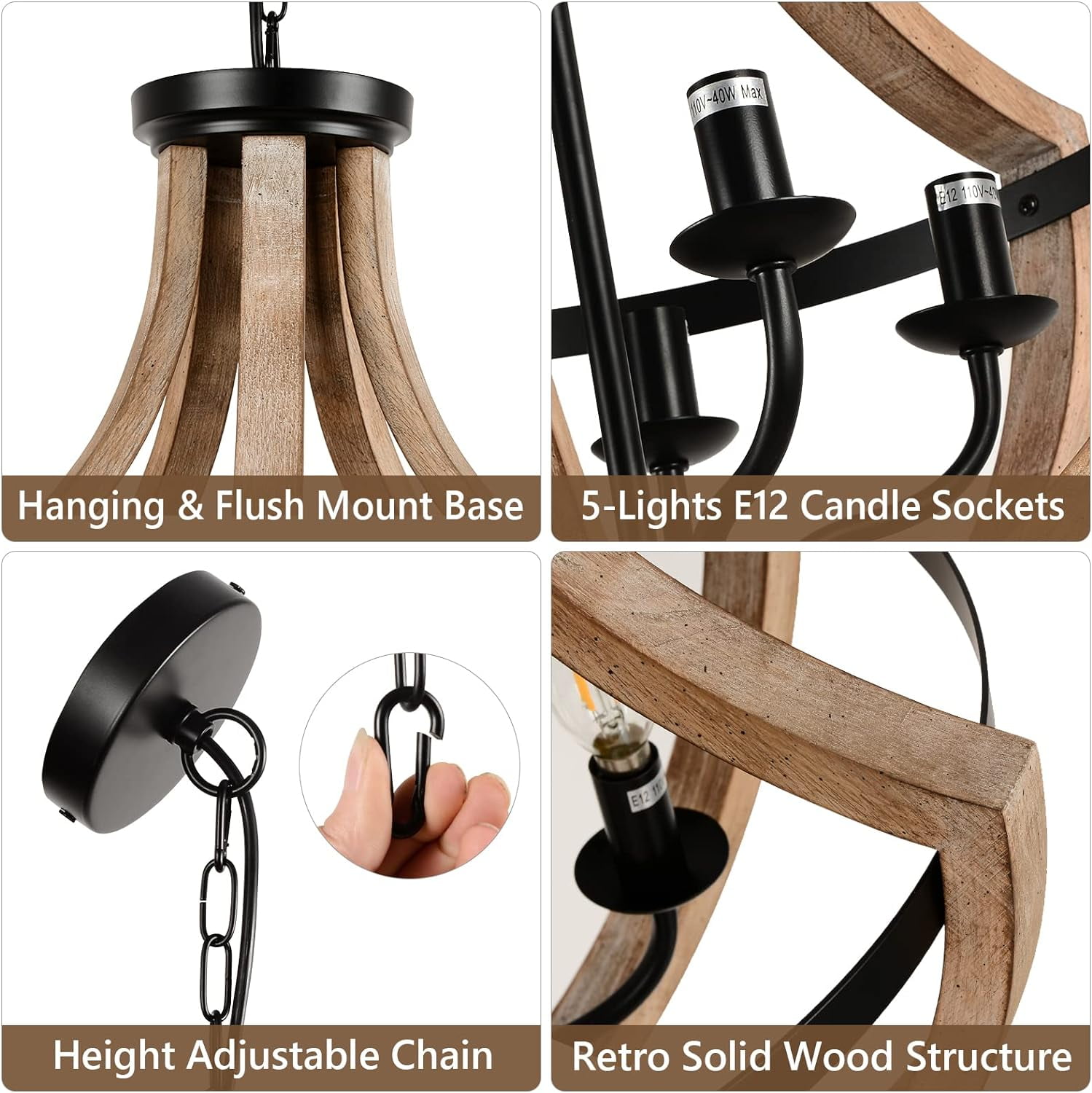 BINUFF Elegant Retro 19" Brown Solid Wood Ceiling Pendant Light Fixture Dimmable