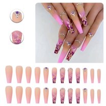 RAGUPEL 24Pcs Glue on Nails for Women,Rhinestone-Studded Coffin Nails Tips,Hand-Drawn Flowers Cute Press on Nails,False Nails for Parties,Gatherings and Photo Shoots,Style3