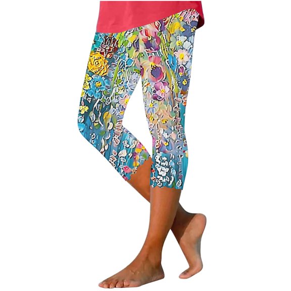 Pxkloy Womens Floral Capri Leggings,Capri Leggings for Women 2024 Dressy Capris Pants Summer Casual Knee Length Capris Leggings Silm Fit Comfy Cropped Pants Multicolor