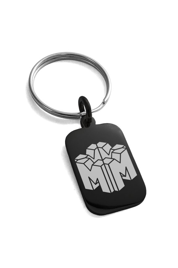 Stainless Steel Letter M Initial 3D Cube Box Monogram Engraved Small Rectangle Dog Tag Charm Keychain Keyring