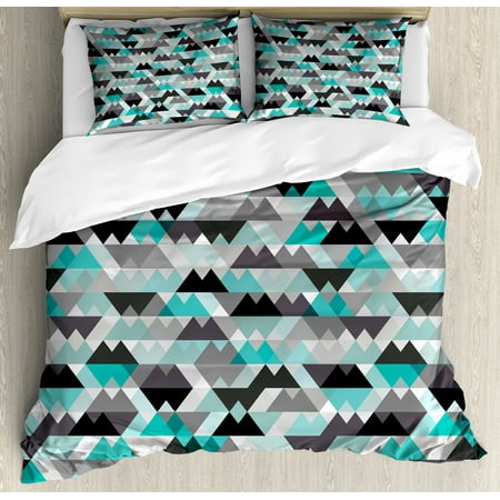 Grey And Turquoise Duvet Cover Set Futuristic Geometric Mosaic