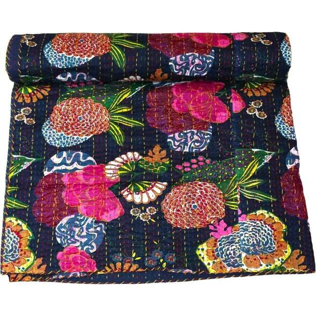 ColorFull House Courtepointe Kantha Indienne Tissée à la Main à Imprimé Floral, Couvre-Lit, Drap, Couverture Jetée Format (Double 90 Pouces x 108 Pouces)