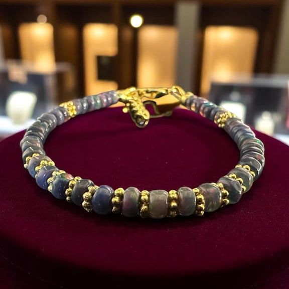 Black Opal Beaded Bracelet: Handmade Gold & Silver Finish