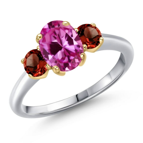 Gem Stone King 10K Two Tone Gold Pink Created Sapphire and Red Garnet Engagement Ring for Women | 2.39 Cttw | Oval 8X6MM | Gemstone September Birthstone | Size 6