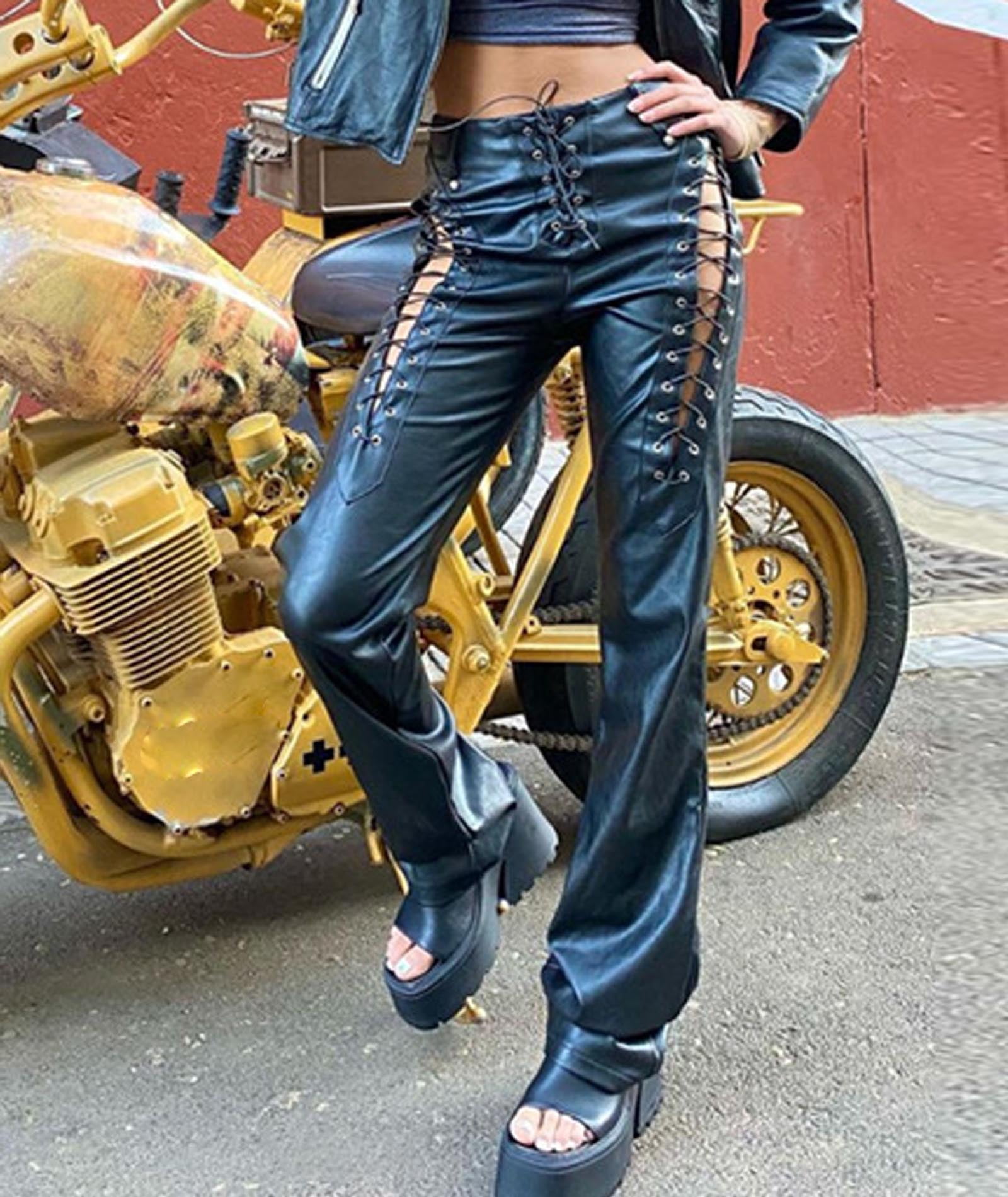 XXXITICAT Women's Lace Up PU Faux Leather Pants High Waist Hollow Out Drawstring(BL,M)