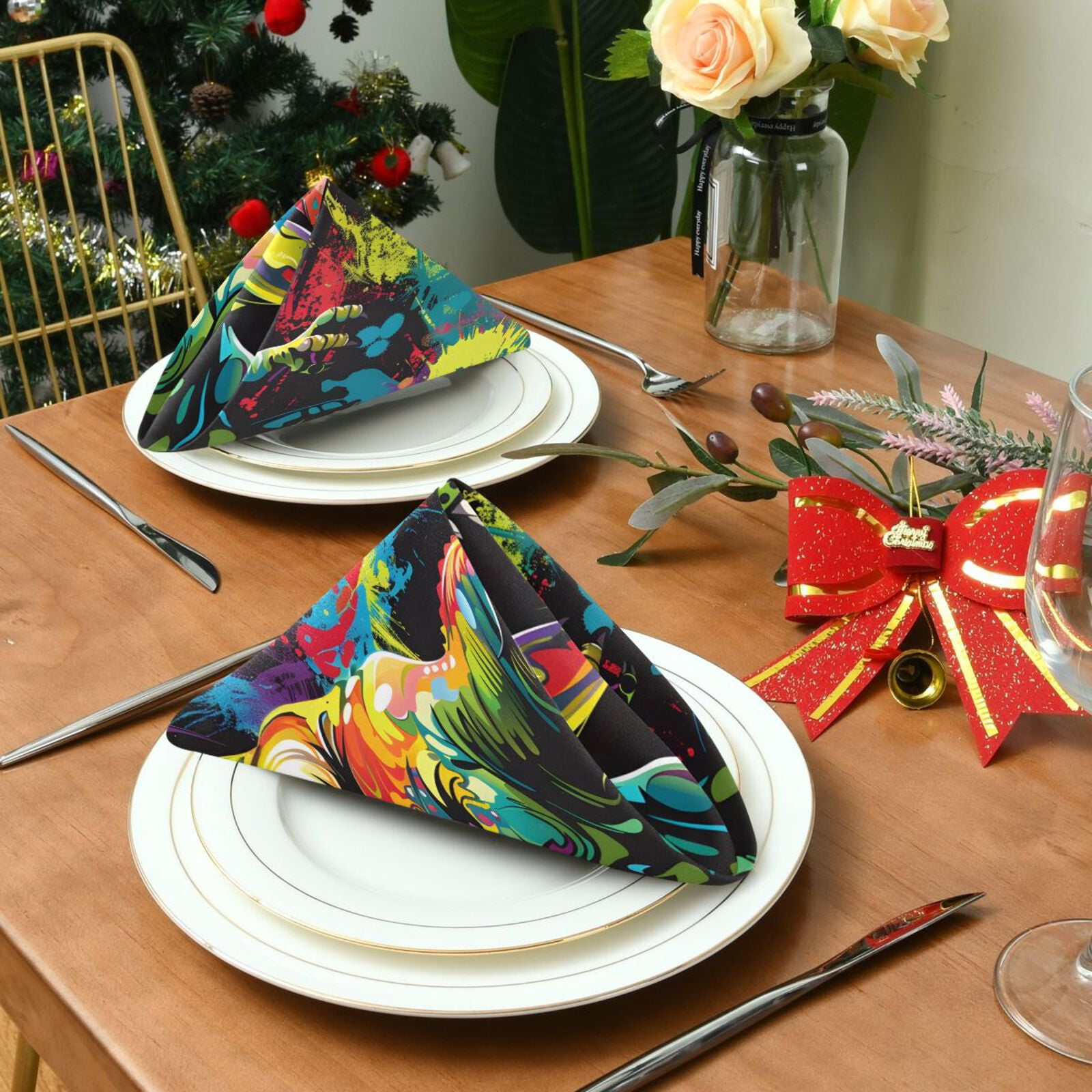 JSTEL Dinosaur T-rex Dino Cloth Napkins Set of 6, 20x20 Inch Washable and Reusable Napkin for Decoupage Dinner Party Everyday Use