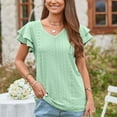 thumbnail image 2 of Camiseta de mujer con mangas cortas con volantes, doble capa, cuello en V, agujeros calados, Top informal de verano, 2 of 7