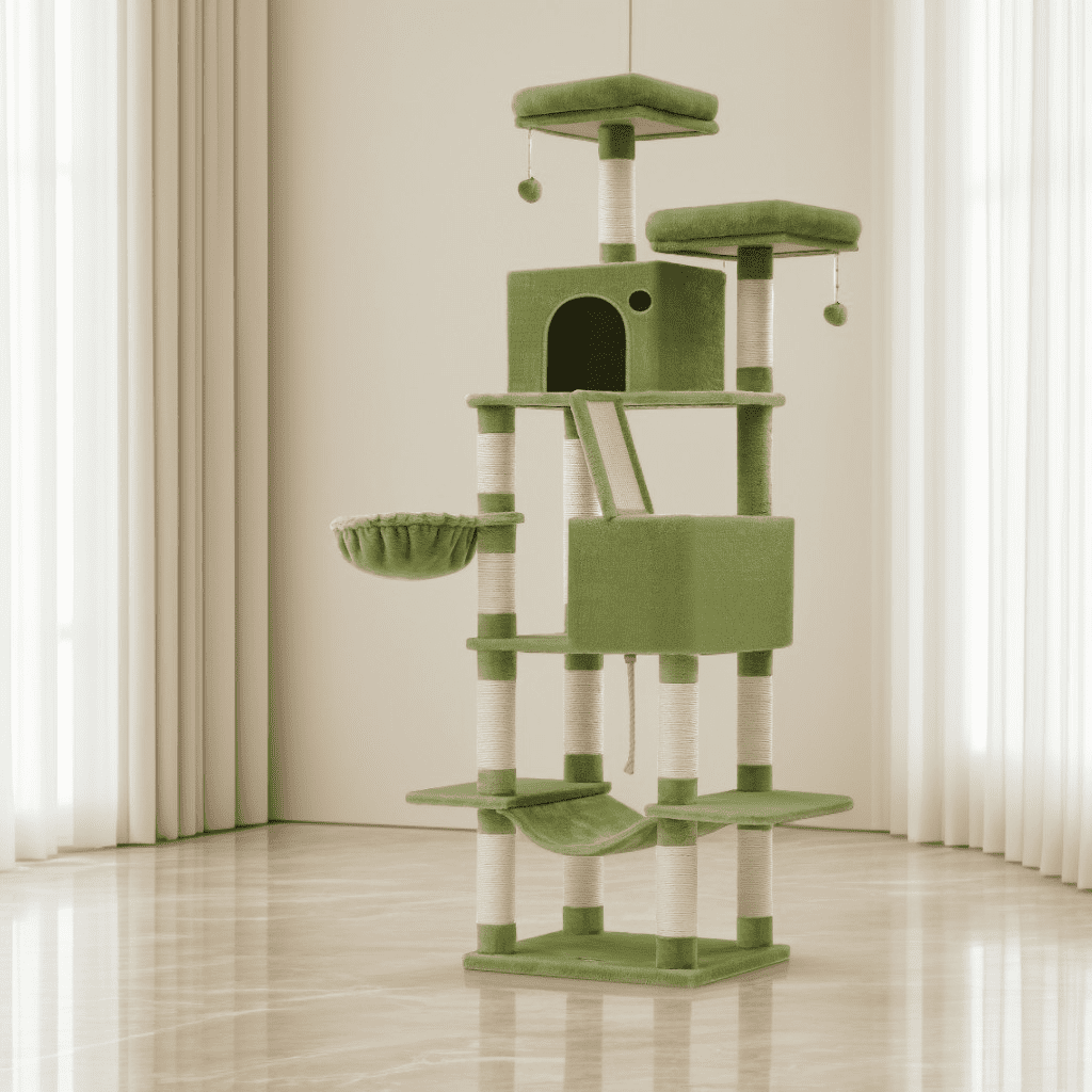 LEDREM 81.1-Inch Large Cat Tree Tower, Multi-Level Cat Condo with 13 Scratching Posts, 2 Perches, 2 Caves, Hammock & Basket, Green