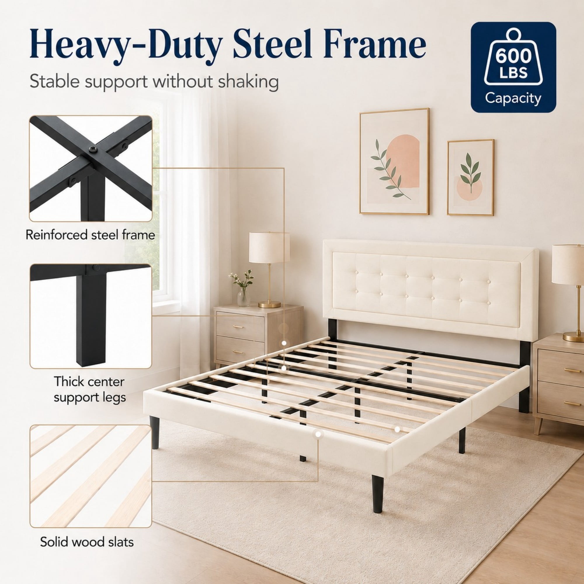DEALTOPS Queen Size Velvet Platform Bed Frame, Upholstered Tufted Headboard, No Box Spring, Beige