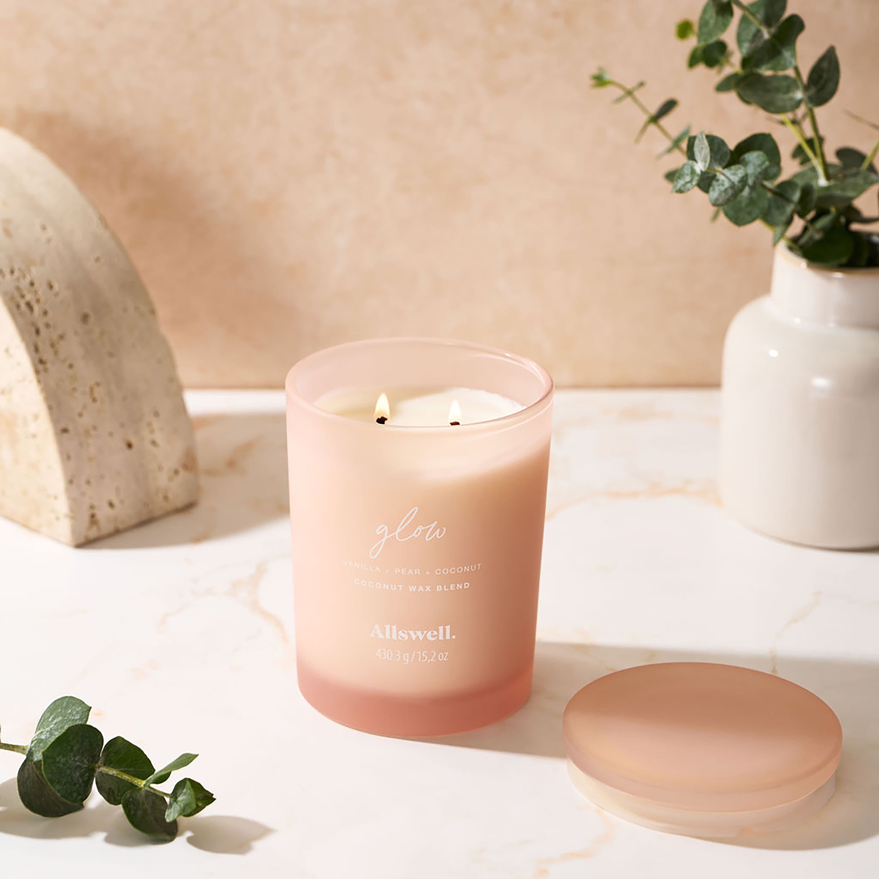 (4 pack) Allswell Glow (Vanilla + Pear + Coconut) Scented 2-Wick Spa Jar Candle 15oz.