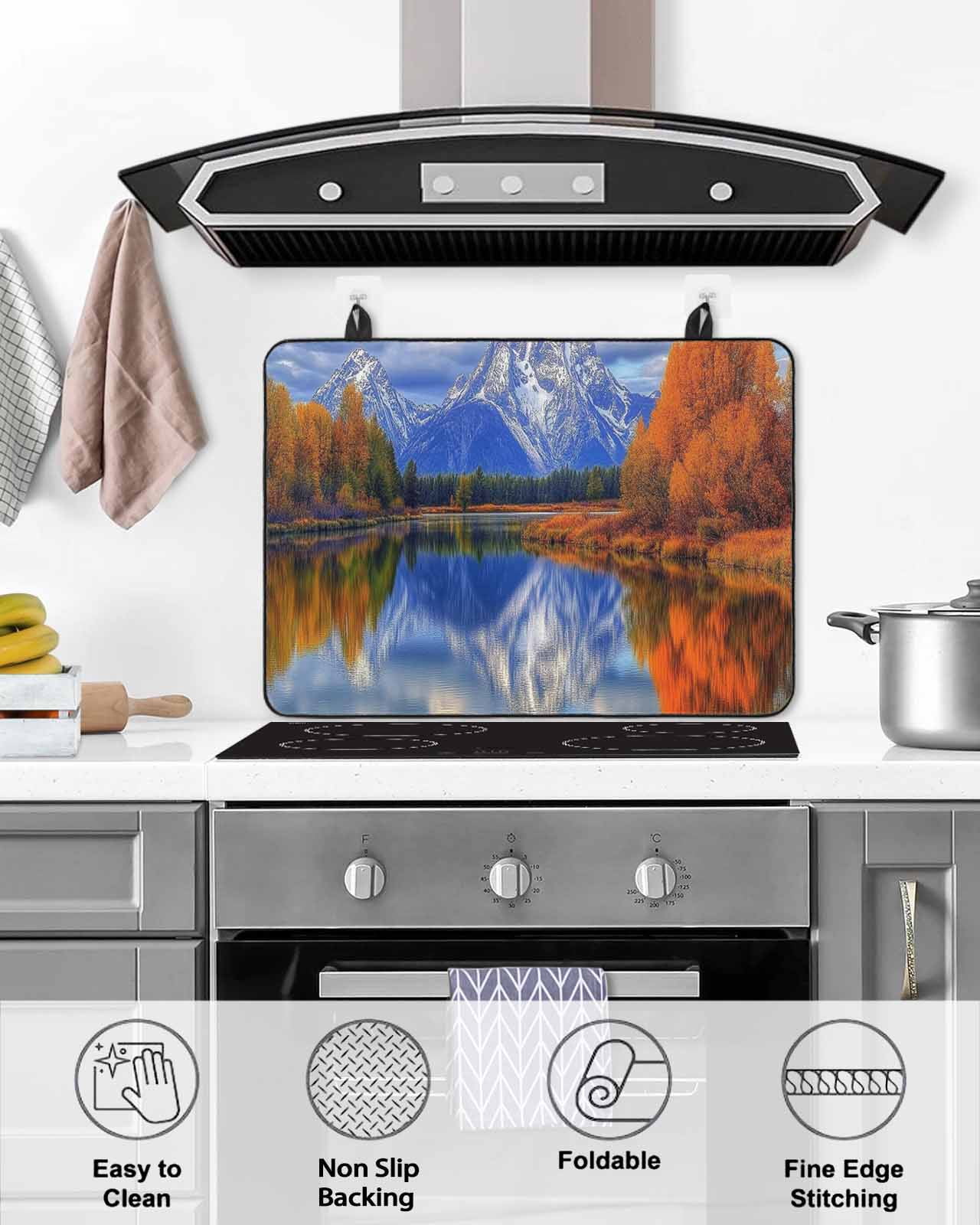 nqOlkjepod Large Induction Cooktop Protector Mat 24"x21", Blue Mountain Stove Top Covers for Electric Stove, Modern Art Yellow Forest Lake Decorative Stove Burner Cover Mats, Glass Top Stove Cover