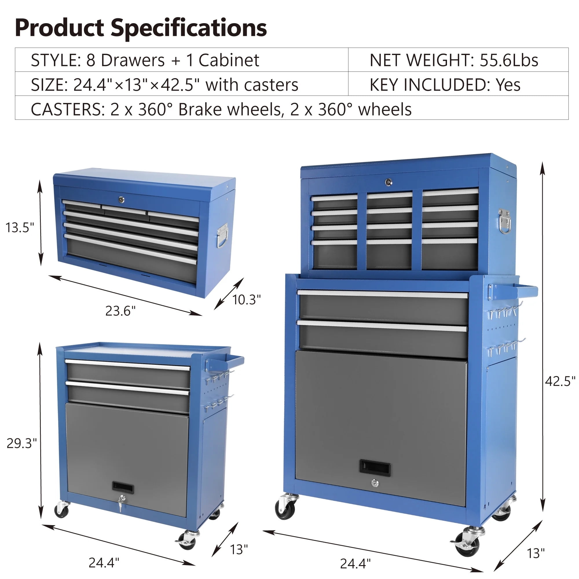 Aukfa Tool Chest, 2 in 1 Steel Rolling Tool Box & Cabinet On Wheels for Garage, 8-Drawer, Blue Gray