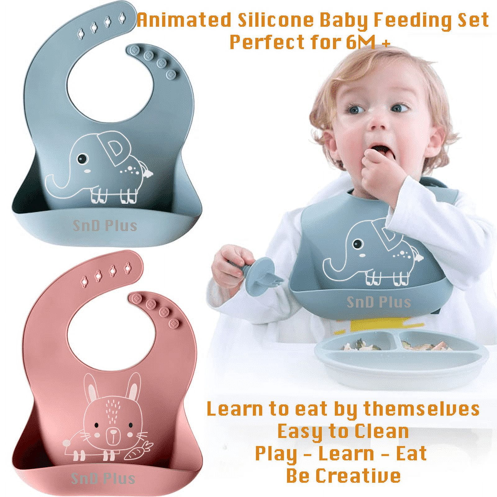 SnD Plus Silicone Baby Feeding Set – 8 PCS Toddler Self-Feeding Set with Suction Plate, Placemat, Adjustable Bib, Sippy Cup, Straw, Two Spoon, Fork – Vanilla Elephant