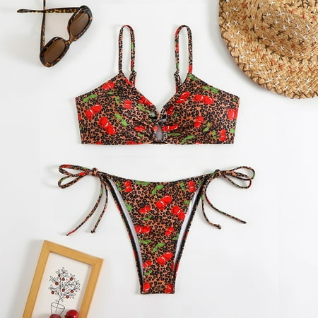 Tankini Set  Women S Sexy Strappy Swimsuit Hollow Swimsuit Printed Bikini Tankini Yellow Women Blending Bikinis L