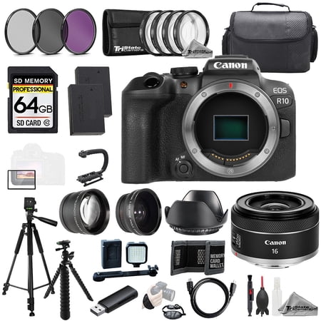 Canon EOS R10 Camera + RF 16mm f/2.8 STM Lens+64GB+Ext Bat+9 PC Filter-MEGA Kit (International Version)