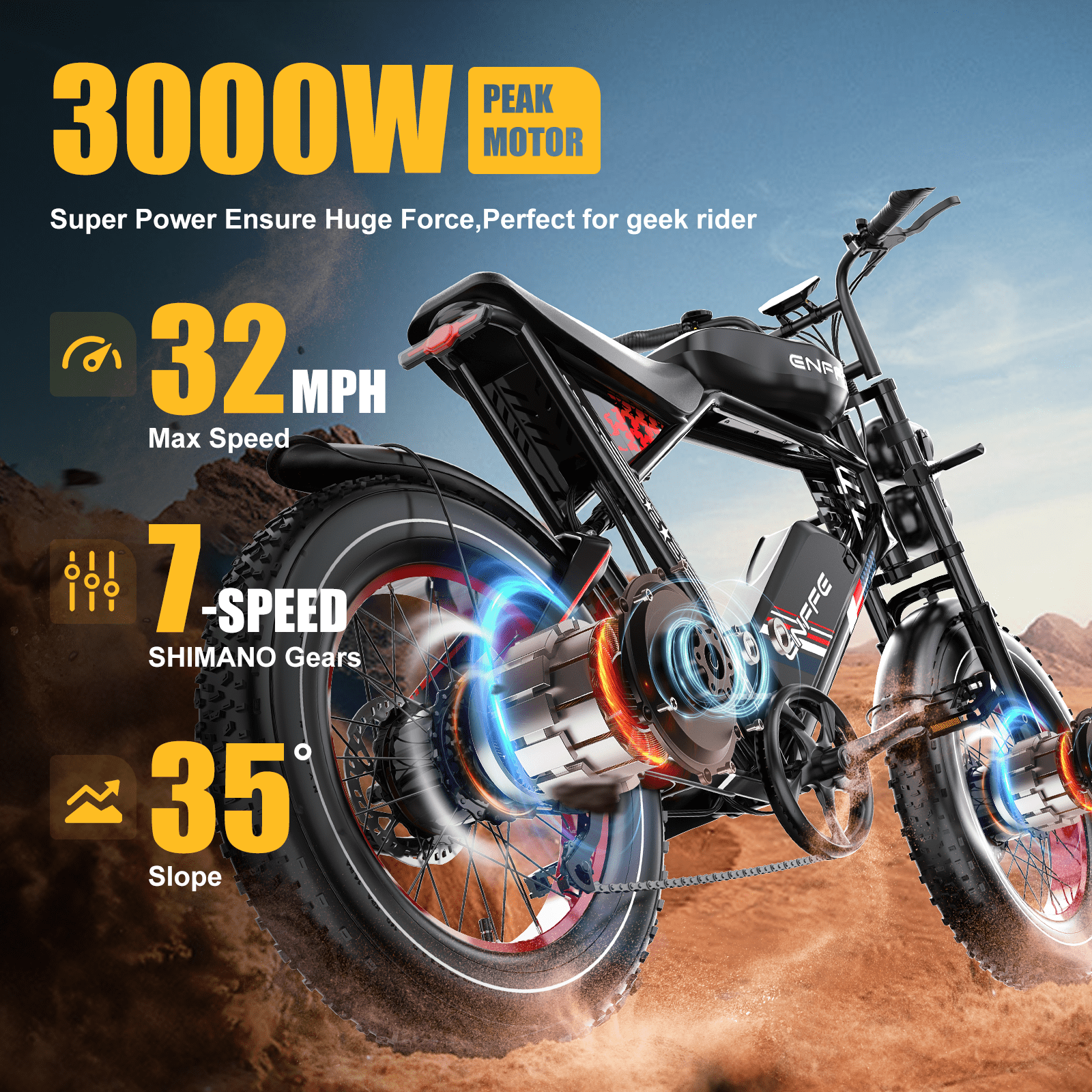 Electric Fat Tire Bike for Adults, 3000W Peak Dual Motor Electric Bicycle , Max 32MPH 20"x4.0 Off-Road Mountain Ebike , 48V 45AH Battery,  200Miles PAS Range,UL2849