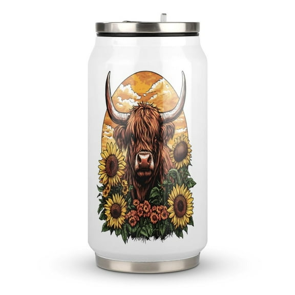 Cute Scottish Highland Cow With Sunflowers Coffee Tavel Tumblers with Lid and Straw Stainless Steel Vacuum Insulated Mug Wine Glasses Tea Cup for Hot and Cold 300ml