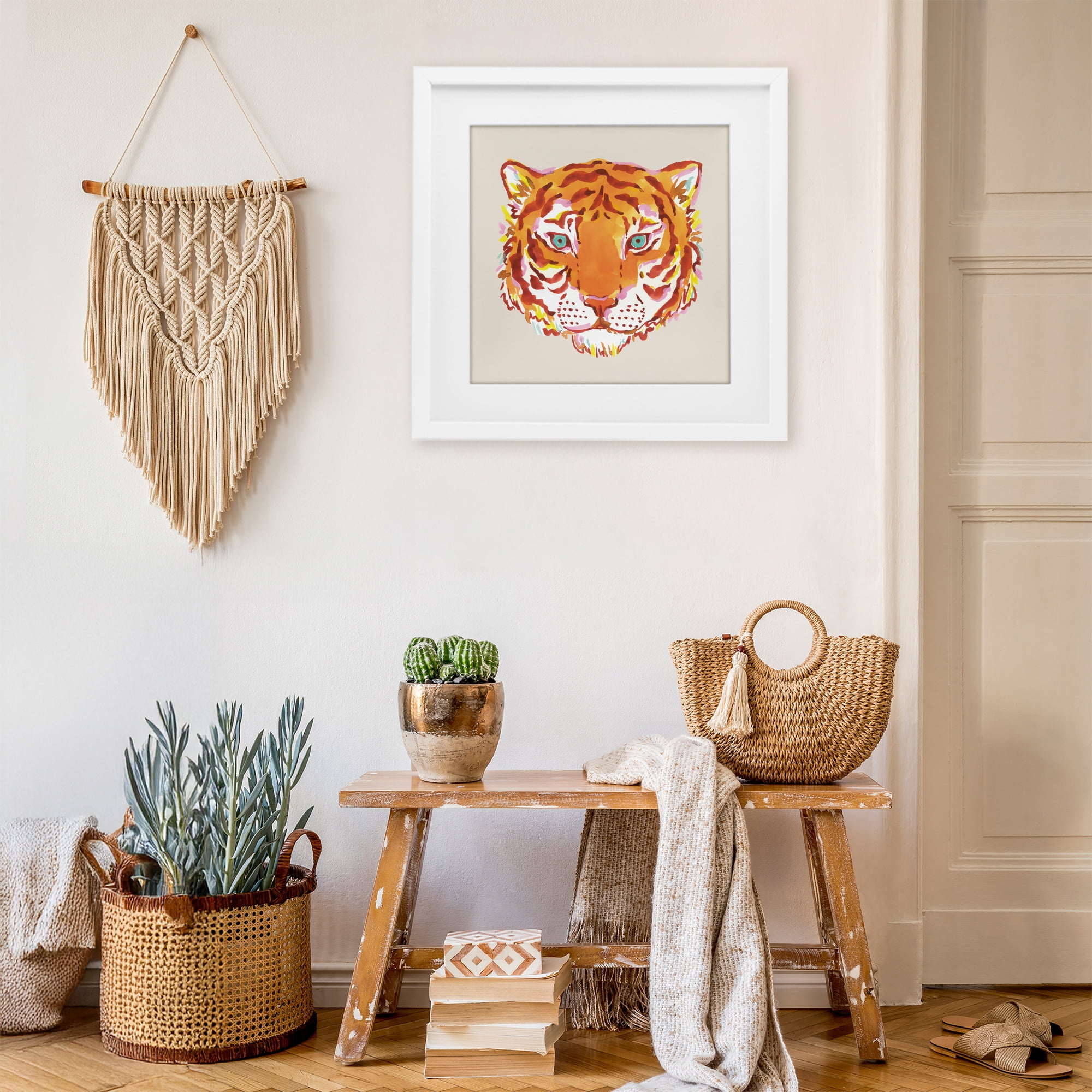 Stupell Industries Orange Boho Tiger Face White Framed Print Under Glass, design by Karolina Sato