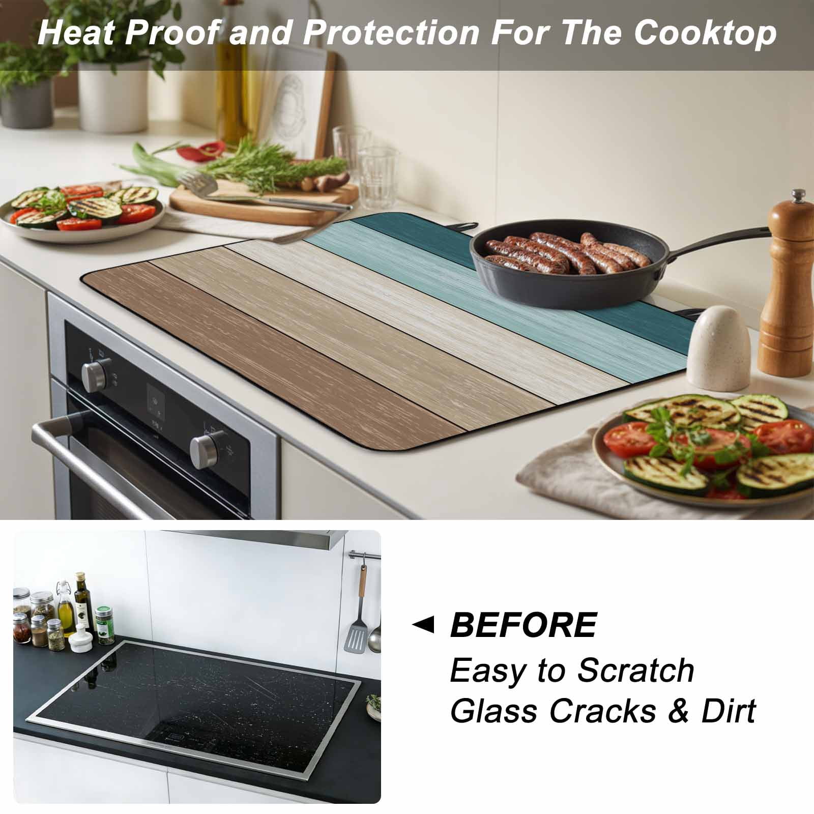 Teal Brown Stove Top Cover for Electric Stove, Heat-proof & Non Slip Glass Top Stove Cover Protector, Farmhouse Vintage Abstract Wooden Grain Kitchen Flat Cooktop Rubber Mat 24x21 Inches