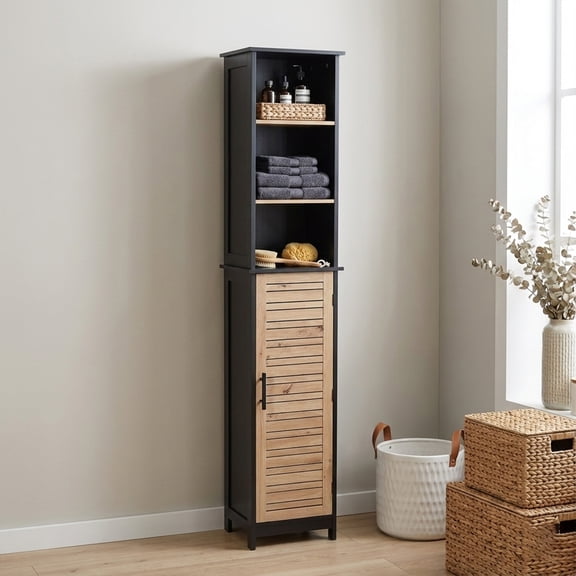 Tall Bathroom Storage Cabinet with Open Shelves and Vented Door, Black and Brown - Bergen Collection