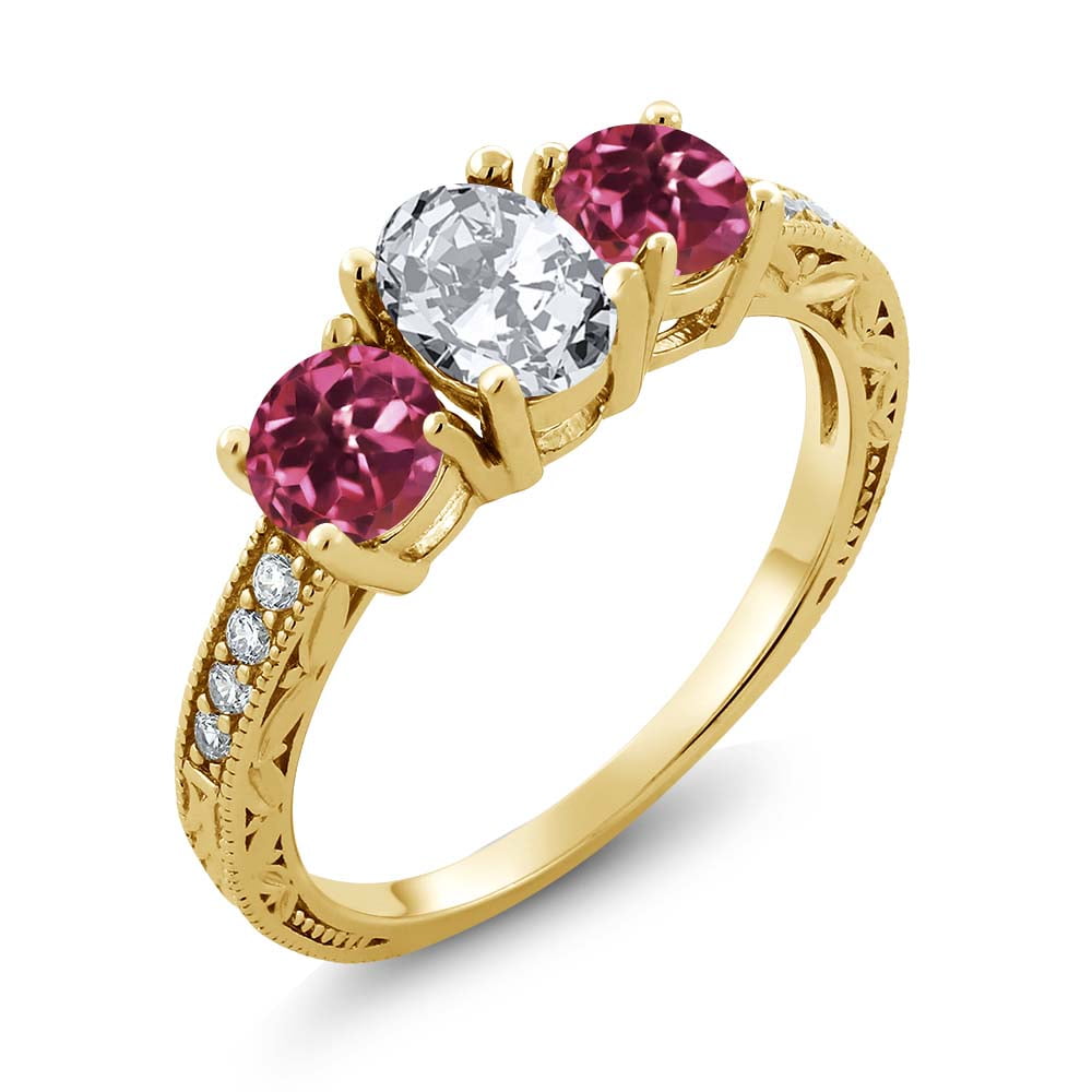 2.62 Ct Oval White Zirconia Pink Tourmaline AAA 18K Yellow Gold Ring by
