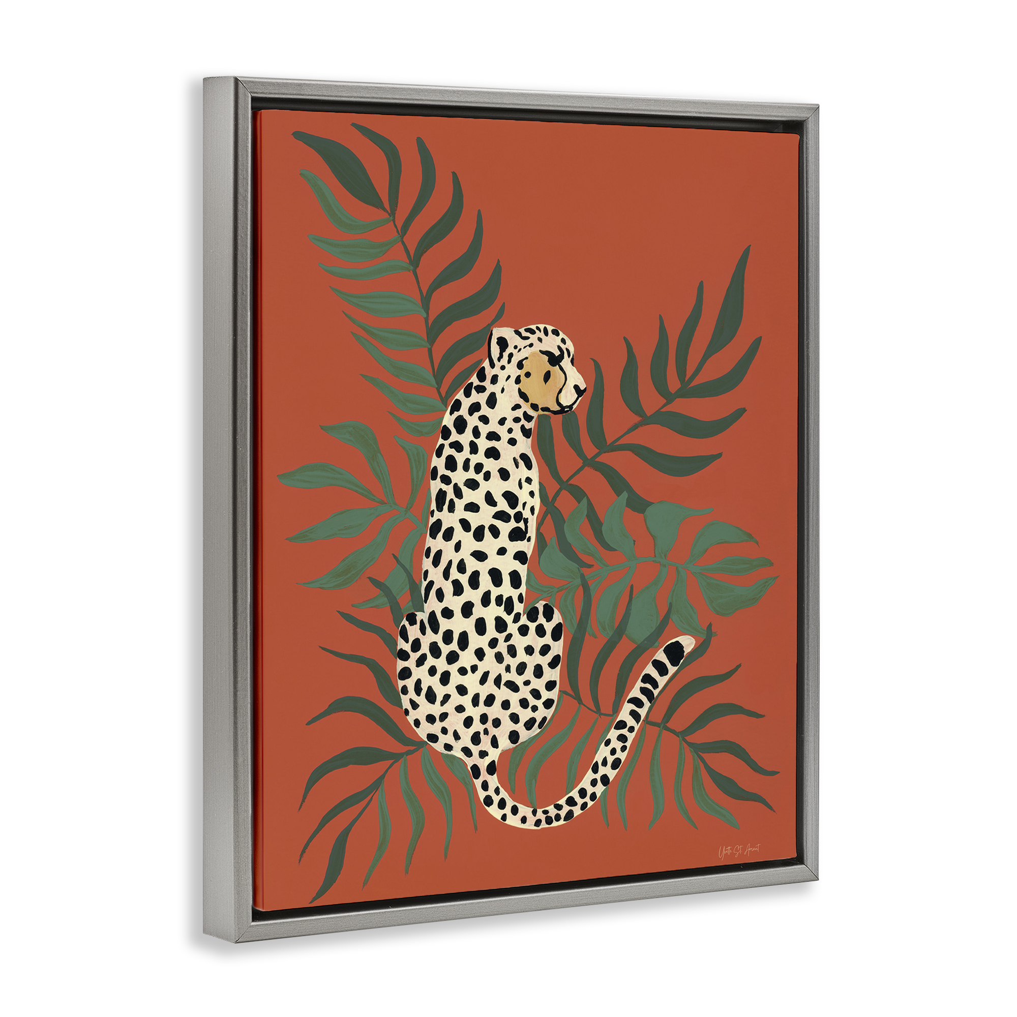 Stupell Industries Leopard & Palm Leaves Animals & Insects Painting Gray Floater Framed Canvas Art Print Wall Art, 25 x 31