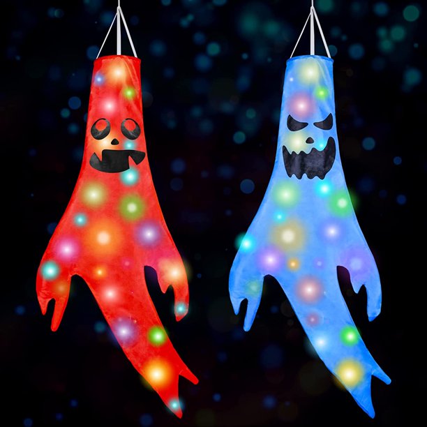 Decoración de fantasmas de Halloween, 2 luces LED de veleta fantasma de Halloween Decoraciones colgantes Decoración de Halloween para Halloween Interior Jardín al aire libre Patio Árbol esquí esquí Gafas de esquí