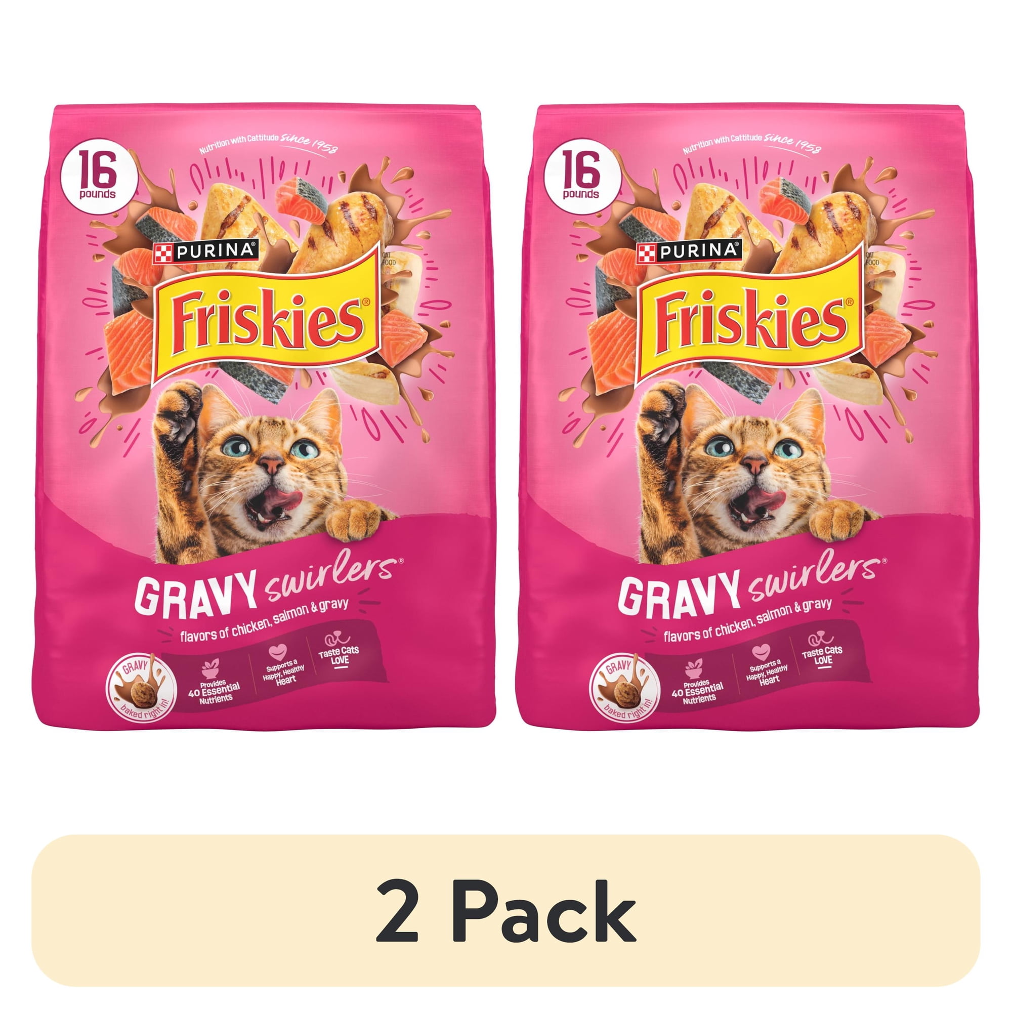 (2 pack) Purina Friskies Dry Cat Food Gravy Swirl'd with Flavors of Chicken, Salmon and Gravy Dry Cat Food, 16 lb Bag