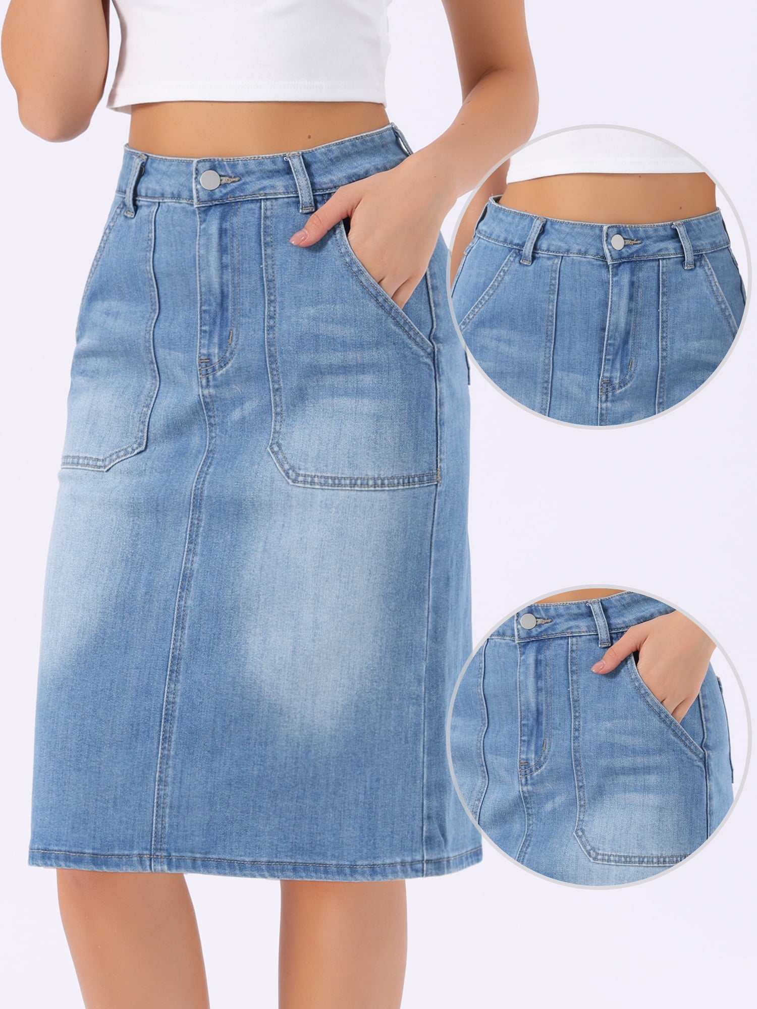 DARING DIVA Women's Back Slit Pockets Knee Length Stretch Jean Skirts Large Blue
